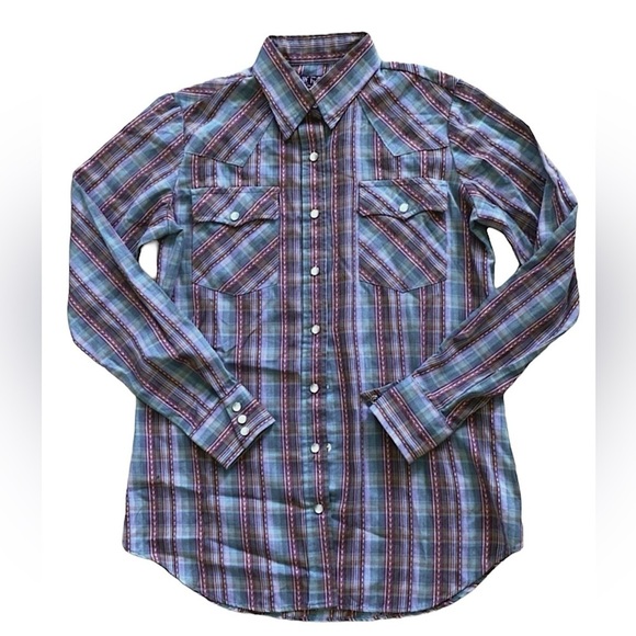 h.i.s Vintage Green Multi Plaid Pearl Snaps Western Shirt Top Women’s Medium - Picture 2 of 10